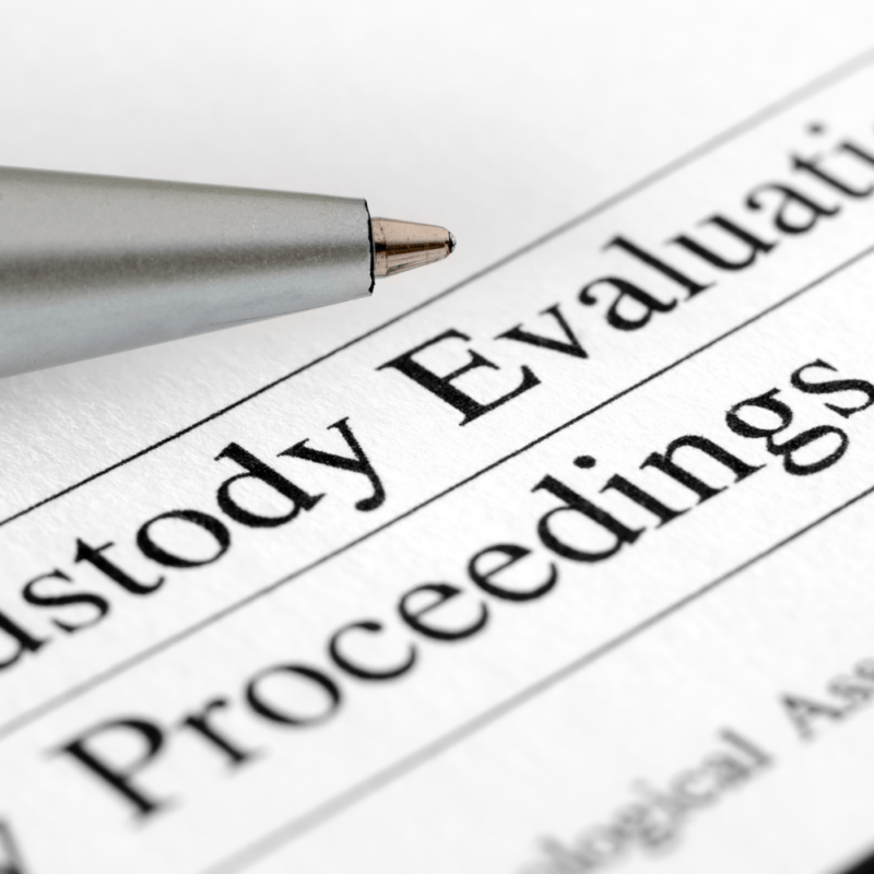 Close-up of a pen resting on a document titled 'Custody Evaluations' with blurred text in the background.