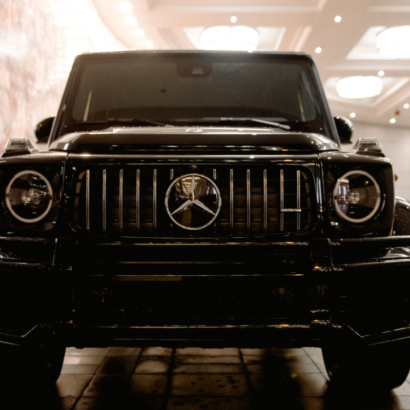 Front view of a black merceded G-Wagon