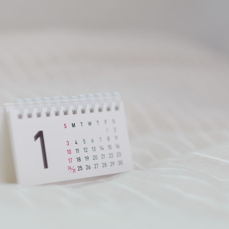 A small white calendar on a soft white surface. The calendar is open to January