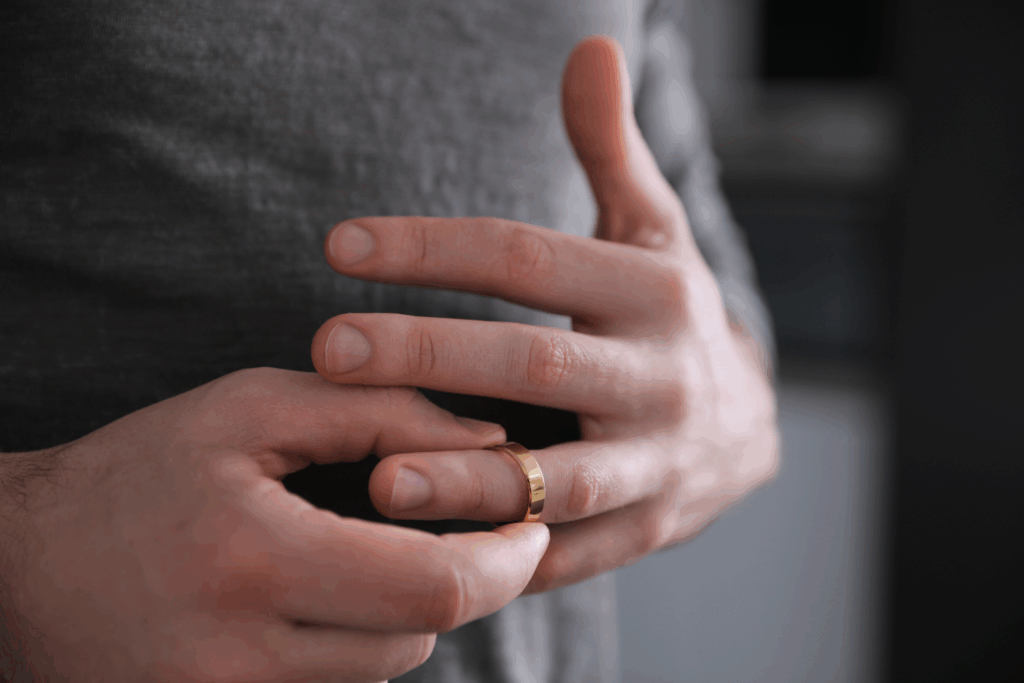 Man removing wedding ring, symbolizing divorce and relationship changes.